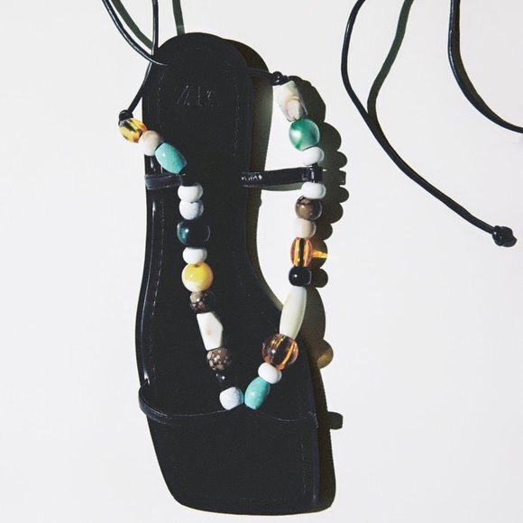 Black Zara Bead Embellished Strap-Ankle Low Heel Squared-Toe Sandals (NWT) - Picture 6 of 7